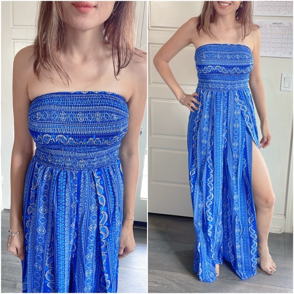 039 Boho Blue Paisley print Smocked Wide Leg Jumpsuit - Picture 4 of 5